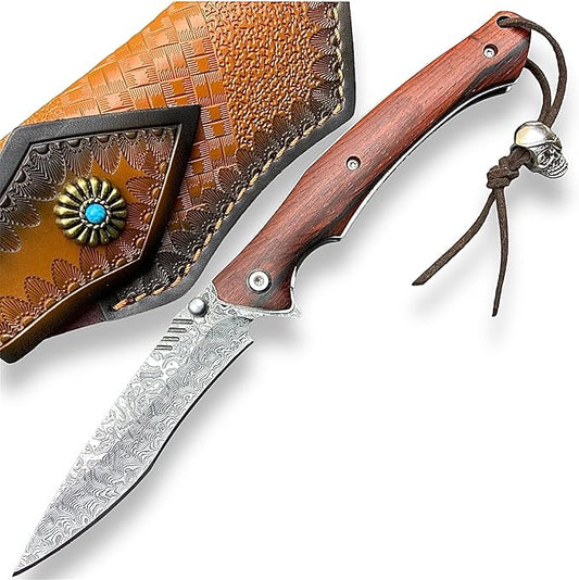TACTICAL GEARZ EDC Damascus Steel Pocket Folding Knife, Natural Rosewood Handle, 107 Layered VG10 Damascus Steel Blade! (Kanui Beast Bundle)
