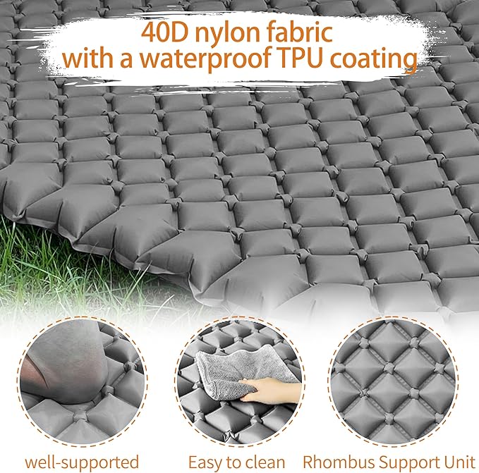 ONTYZZ Double Ultralight Inflatable Sleeping Mat 2 Person Camping Sleeping Pad Waterproof Sleeping Pad Built-in Foot Pump for Camping, Grey
