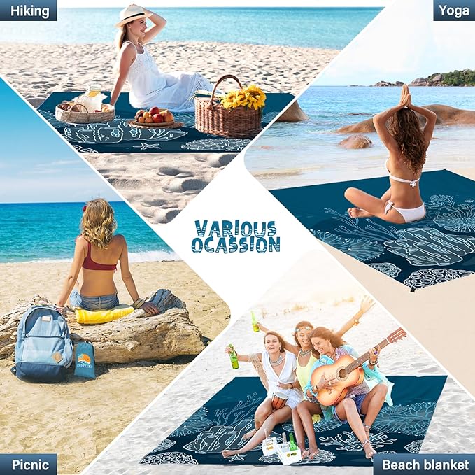 Beach Blanket Waterproof Sandproof 1-7 Adult Oversized 78 '' × 110 '' Lightweight Durable Compact Sand Free Beach Mat for Travel Camping Hiking Picnic Blanket Extra Large