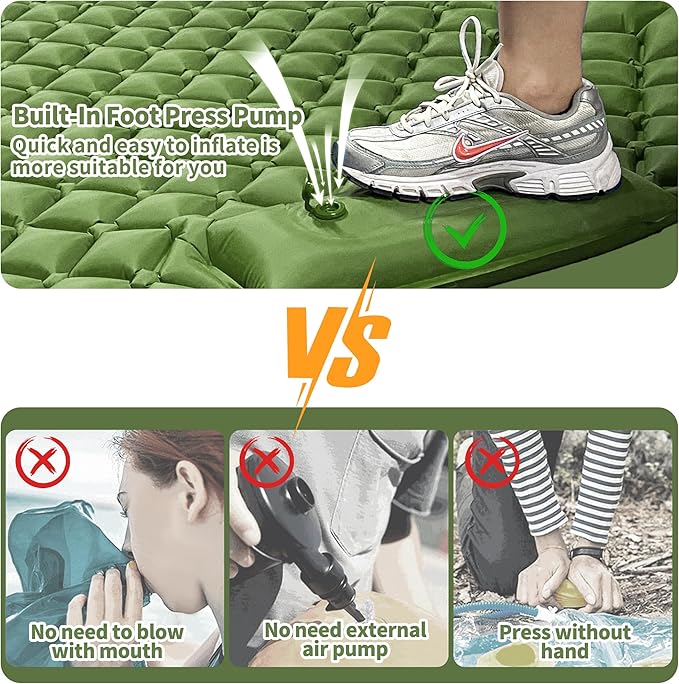Double Sleeping Pad for Camping, 2 Person Ultralight Inflatable Sleeping Mat with Pillow and Built-in Foot Pump, Portable Camping Mattress for Tent, Backpacking, Hiking, Travel-Upgrade Green