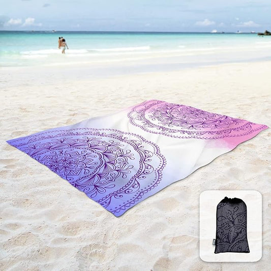 Sunlit Silky Soft 85"x72" Boho Sand Proof Beach Blanket Sand Proof Mat with Corner Pockets and Mesh Bag for Beach Party, Travel, Camping and Outdoor Music Festival, Purple Lines Pink Mandala