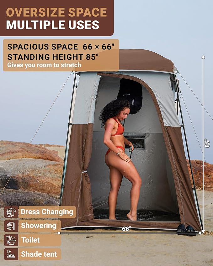 KingCamp Camping Shower Tent, Portable Outdoor Privacy Toilet & Changing Tent Windproof & Waterproof Easy Setup 1 or 2 Room Shelter with Shower Bag for Camping Hiking Beach