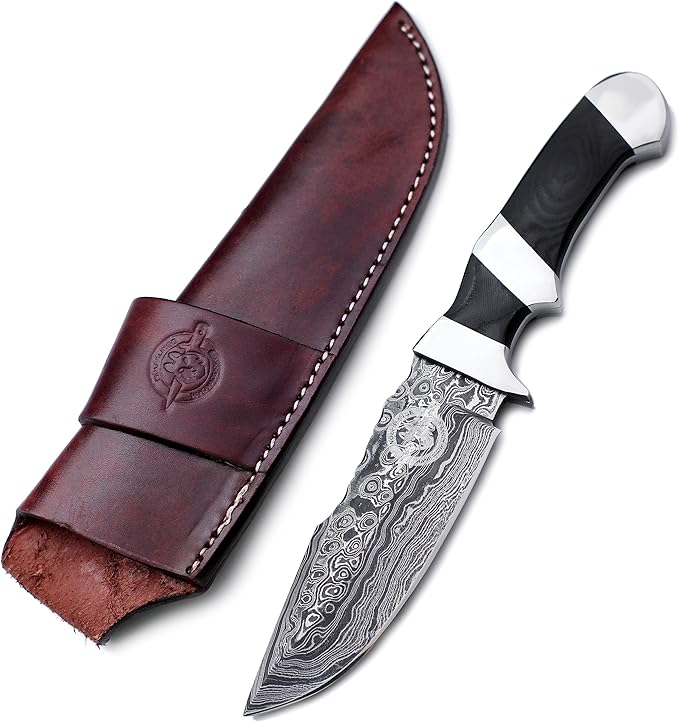 Handmade Damascus Steel Fixed Blade Bowie Knife For Edc,Hunting,Survival,Camping,Bushcraft and Fishing Fixed Blade Drop Point Blade Full Tang Micarta Handle with Cowhide-Leather Sheath -WKD-806
