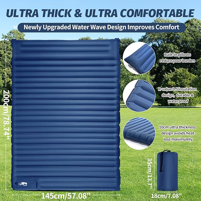 LAMA Double Sleeping Pad for Camping, 2 Persons Self Inflating Camping Mattress for Sleeping, Ultra-Thick 4" Sleeping Mat with Pillow Built-in Pump, Ultralight Camping Mat for Backpacking, Hiking, BL