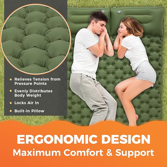 KingCamp Sleeping Pads for Camping, Self Inflating Camping Mattress with Built-in Foot Pump, Connectable Durable Inflatable Sleeping Mat with Pillow, Compact Camping Air Mattress for Camping Hiking