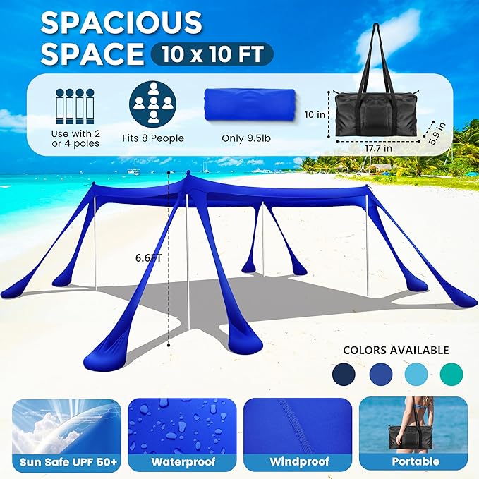 Beach Canopy Beach Tent Pop Up Shade 10x10ft Sun Shelter UPF50+ with 8 Sandbags-2 Sand Shovel-4 Aluminum Poles-Ground Pegs-Portable Carrying Bag for Outdoor Family Camping Fishing Yard Picnic