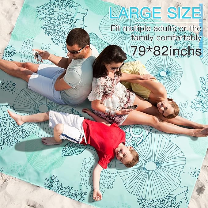 Airensky Beach Blanket Sandproof, Oversized Beach Mat 79" X 82" for 4-7 Adults, Waterproof Beach Blanket Quick Drying Lightweight Blanket with 4 Stakes for Outdoor Travel Camping Hiking(Green Whales)