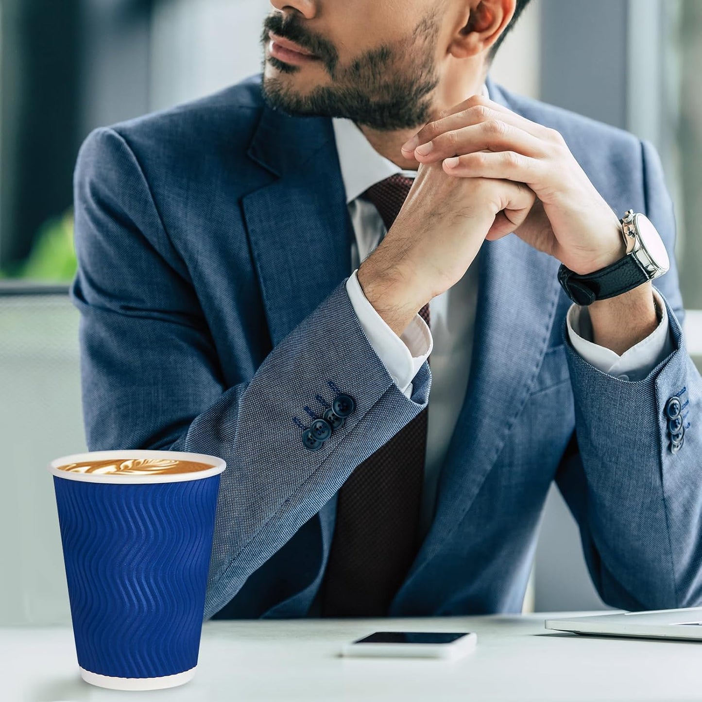 JollyPack 120 Pack 12 oz Paper Coffee Cups, Blue Disposable Beverage Cups with Insulated Ripple Wall for Hot or Cold Drinks