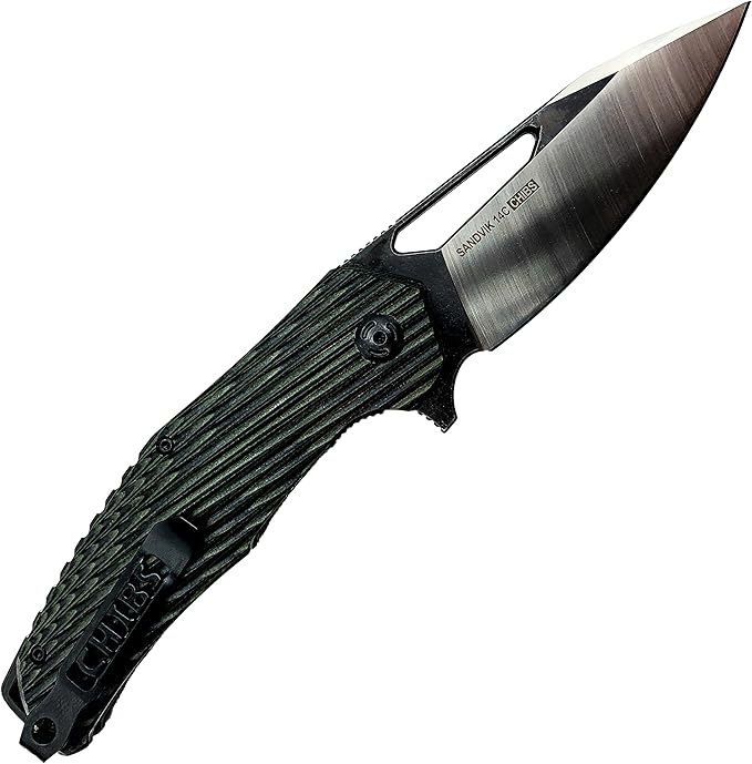 Chibs EDC Folding Knife 3.5” Stainless Steel Blade - Textured Two-Tone G10 Scales Handle Everyday Carry Adventure Flipper Deep Reversible Pocket Clip (Green/Black) (AUB09VCHYCPT)