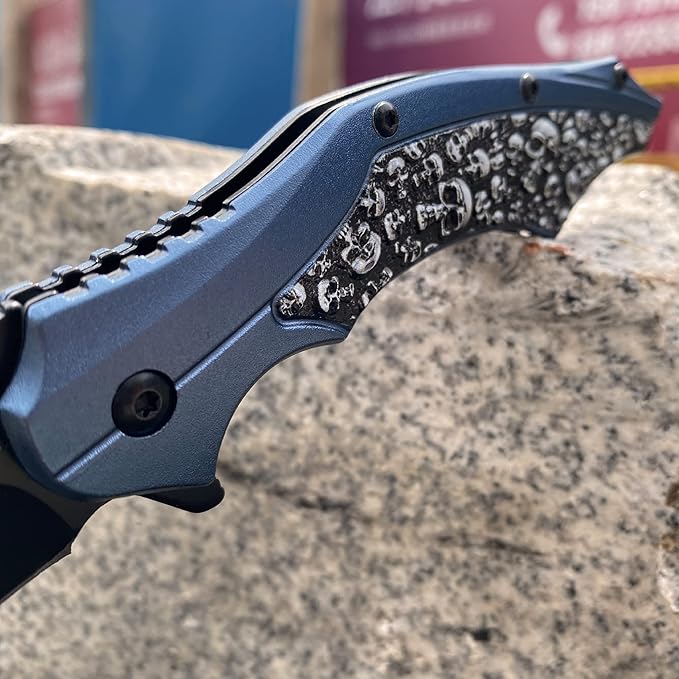 ALBATROSS Folding Pocket Knife, 3" Black Blade, 4.75" Aluminum Handle with the skull pattern, Liner Lock (Blue)