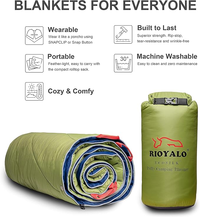 Camping Blanket | X-Large, Wind and Waterproof Warm Puffy Blanket Quilt | Lightweight Portable | Outdoor Concerts, Picnics, Backpacking, Travel, Hiking, Beach, Stadium (Garnish Green)
