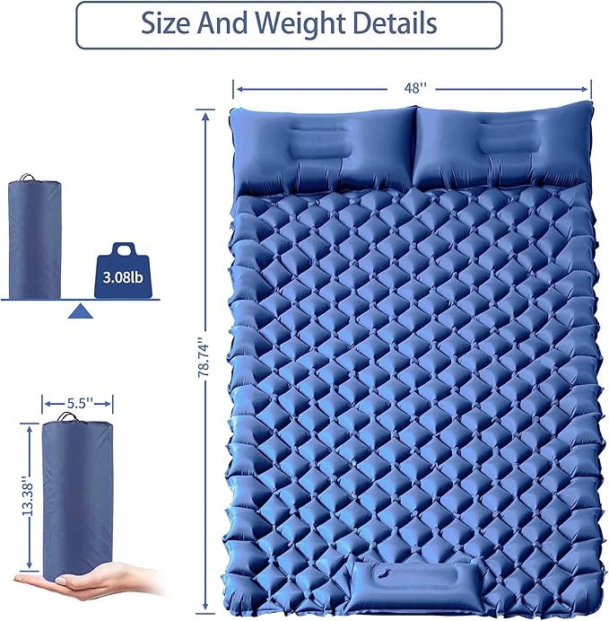 Double Sleeping Pad for Camping, 2 Person Ultralight Inflatable Sleeping Mat with Pillow and Built-in Foot Pump, Portable Camping Mattress for Tent, Backpacking, Hiking, Traveling