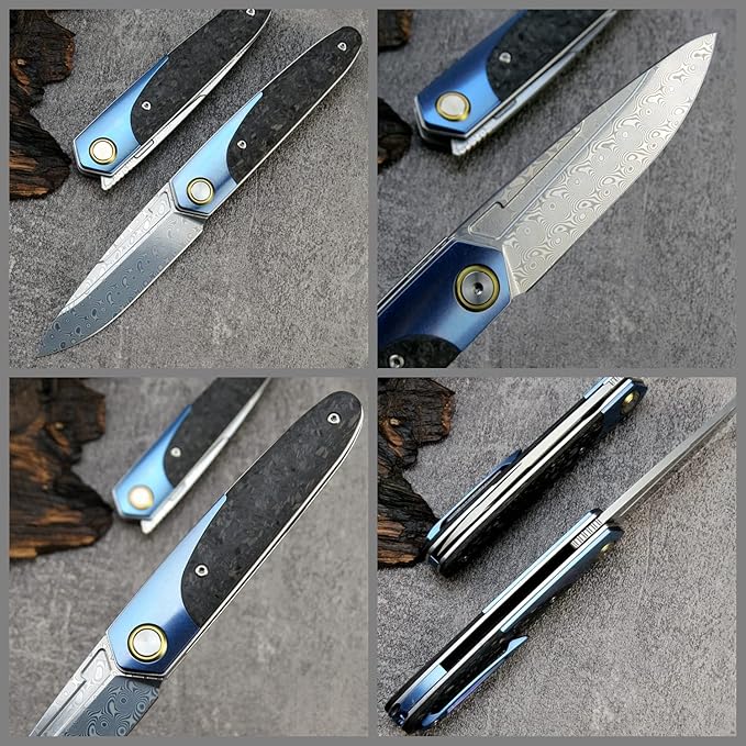 Sitivien ST245 Damascus Steel Folding Knives with Liner Lock, Ball Bearing,Titanium Carbon Fiber Handle EDC Damascus Knife for Men Women(Blue) … …