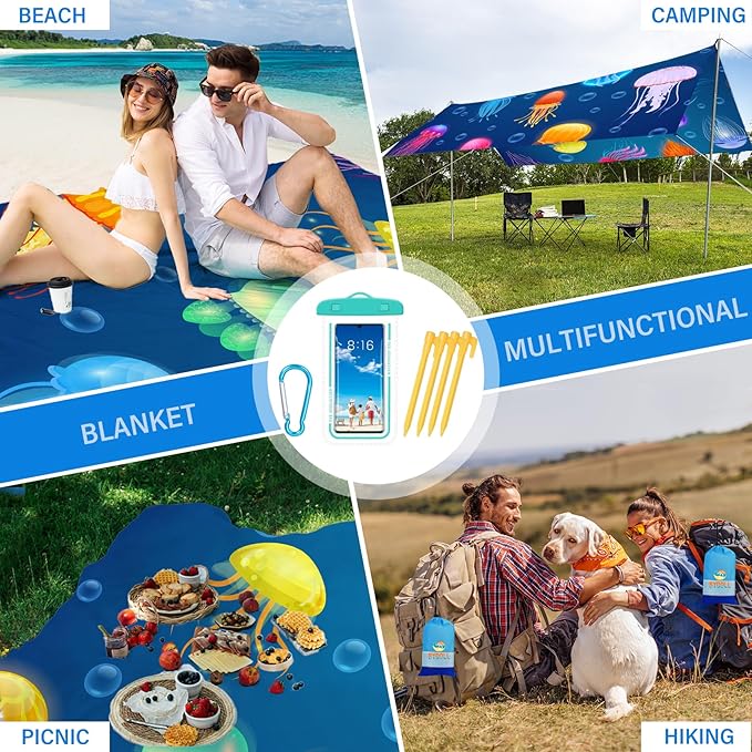 BYDOLL Beach Blanket Jellyfish Sandproof Waterproof 78''×81''1-4 Kids Adults Compact Lightweight Oversized Blanket Large Picnic Mat Beach Blanket for Travel Camping Hiking Picnic