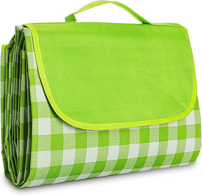 YU FENG Green Picnic Blanket Gingham Foldable Camping Blankets Waterproof Sandproof Outdoor Beach Mat Lightweight Handbag Spring Summer (60x80 inch)