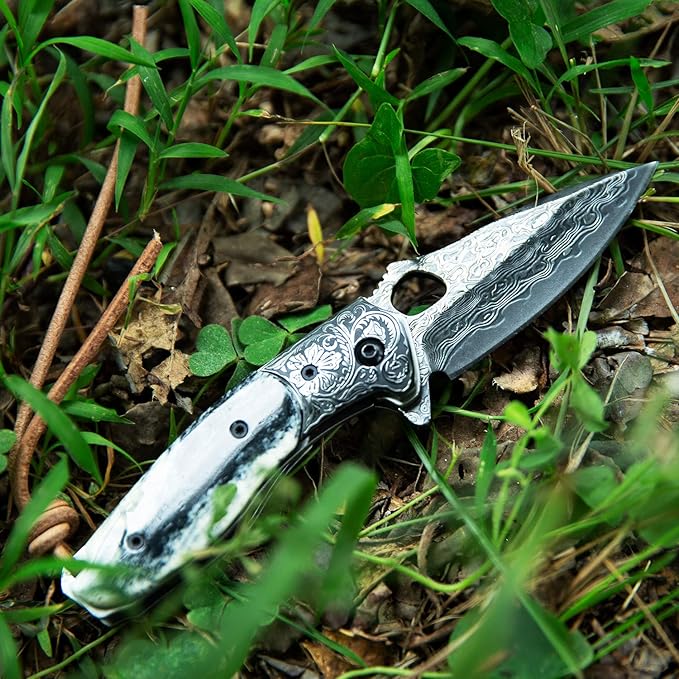 handmade damascus steel pocket knife with leather sheath,liner lock bone handle,japanese vg10 core 2.8in blade,folding knives for camping and fishing,edc for men and women