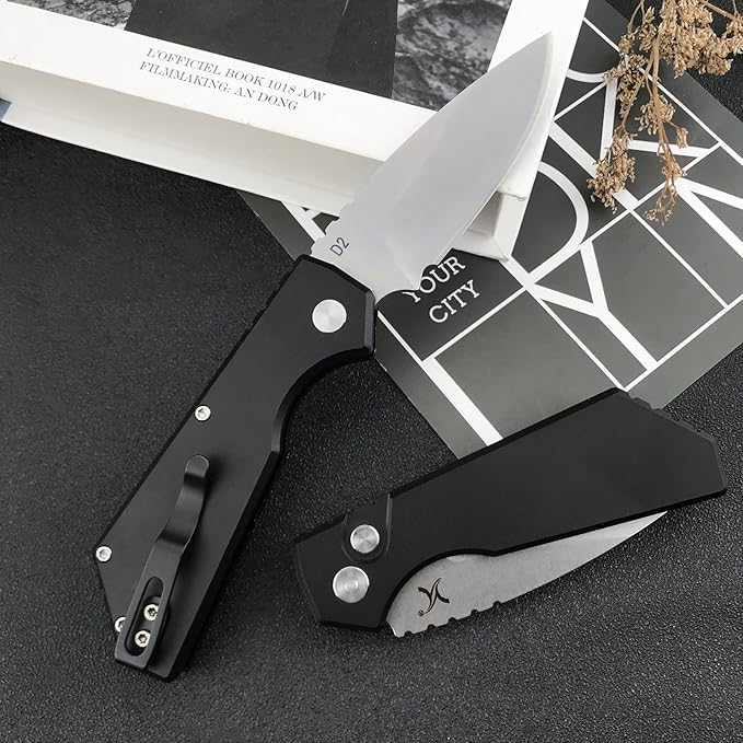 HUAAO Button Lock Folding Pocket Knife, Speed Safe Assisted Opening Knife for Men, D2 Steel Blade with T6 Aluminium Handle, Upgraded Indoor and Outdoor EDC Knife., black
