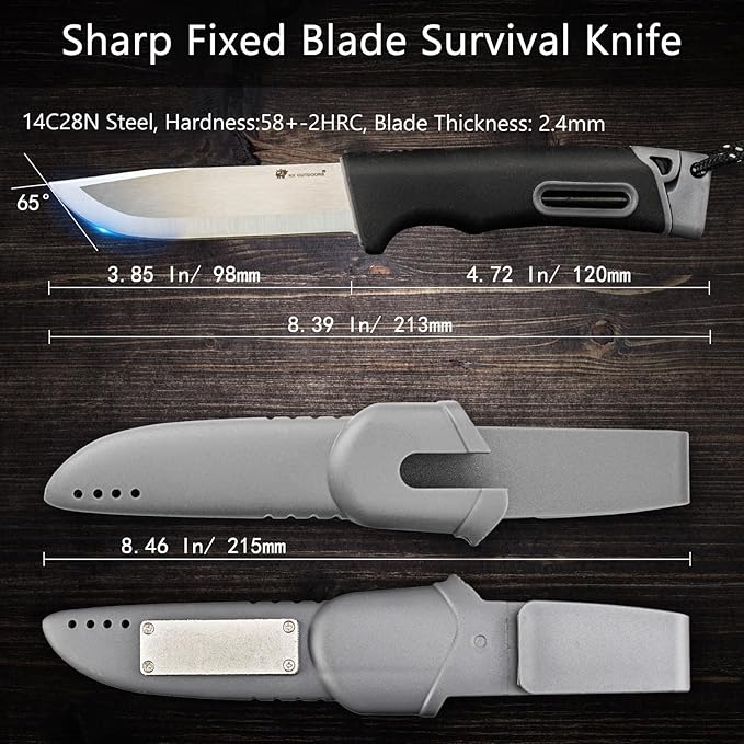 HX OUTDOORS Extra Sharp Survival Bushcraft Knife with Fire Starter, Premium 14C28N Steel Fixed Blade Camping Knife with Sheath for Outdoor, Hiking, Backpacking(Black)