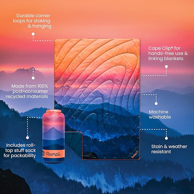 Rumpl Original Puffy Blanket - Warm Puffy Camping Blanket, 100% Recycled Polyester Insulation, Lightweight, Packable, Water-Resistant, Outdoor Puffer Blanket, 52"x75", Alpenglow