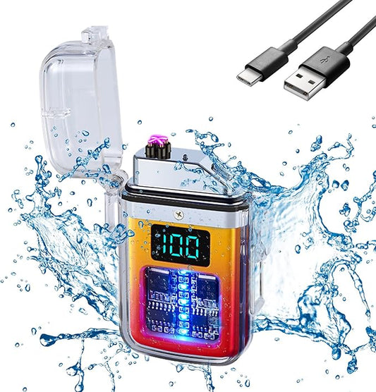 Electric Rechargeable Lighter Transparent Waterproof Dual Arc Plasma Lighter Type-C Rechargeable Lighter Outdoor Windproof Lighter for Outdoor,Camping,Candle and Survival(Red and Yellow)