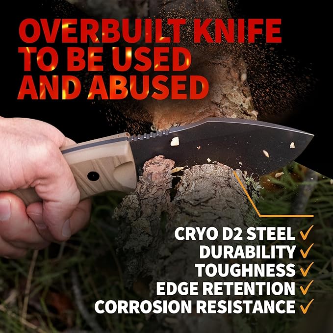 Off-Grid Knives - Alpha-Dog Coyote, Heavy Duty Fixed Blade Knife, 5mm Thick CRYO D2 Blade Steel, Full Tang, G10 Scales & XL Handle (Coyote)