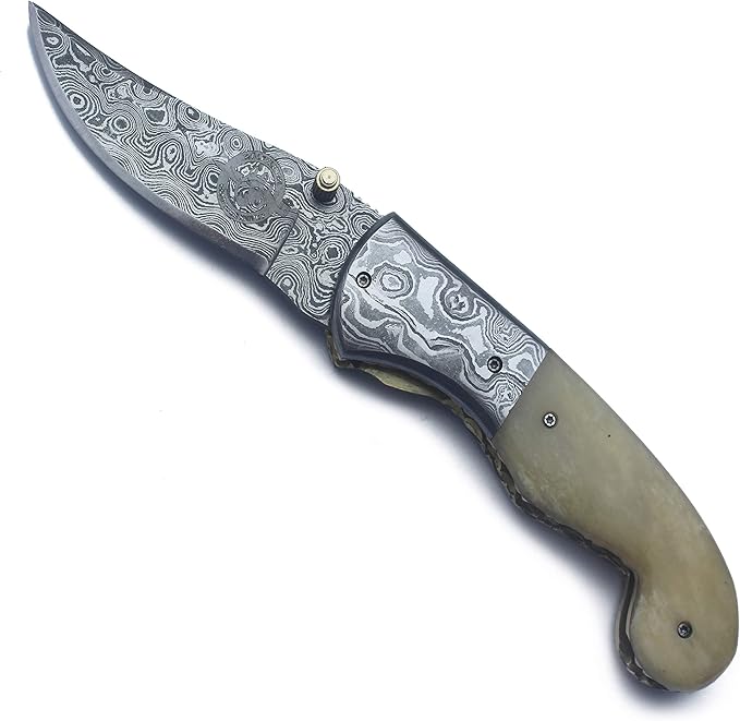 Handmade Damascus Folding Pocket Bowie Knife for Edc,Hunting,Survival,CampingBushcraft,Skinning and Fishing with Full Tang Camel Bone Handel and Cowhide-Leather Sheath For Men and Women (DCF26 - Typhoon)
