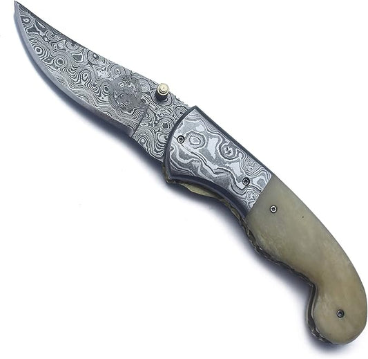 Handmade Damascus Folding Pocket Bowie Knife for Edc,Hunting,Survival,CampingBushcraft,Skinning and Fishing with Full Tang Camel Bone Handel and Cowhide-Leather Sheath For Men and Women (DCF26 - Typhoon)