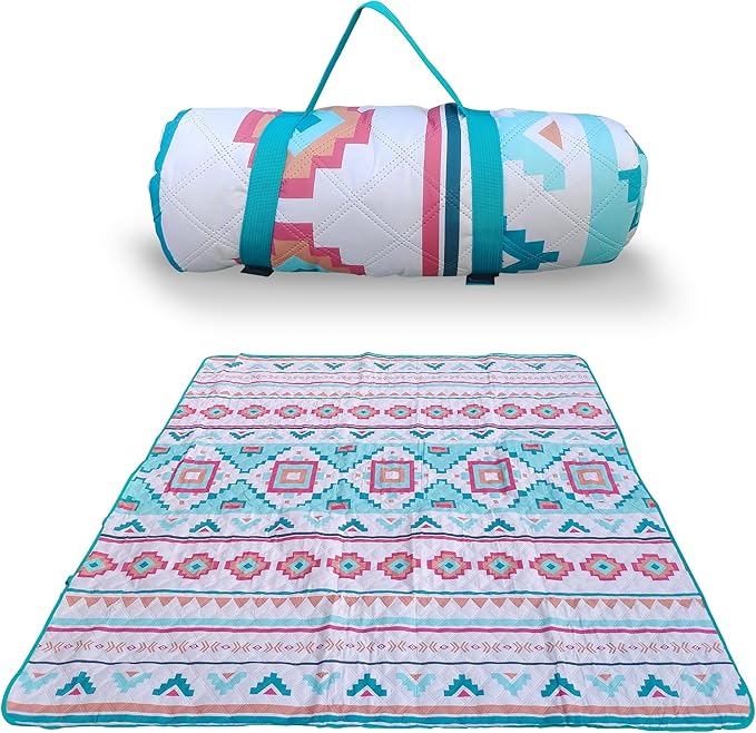 EXELNT Extra Large Outdoor Picnic Blankets Waterproof, for The Beach, Camping Travelling on The Grass, Park Blanket, Rolling Up Packaging，Portable Carring, 79" x 79" Picnic Mat - Aksu Style (Blue)