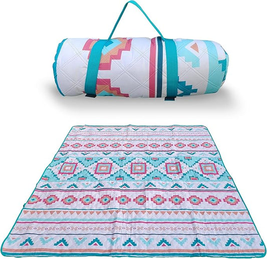EXELNT Extra Large Outdoor Picnic Blankets Waterproof, for The Beach, Camping Travelling on The Grass, Park Blanket, Rolling Up Packaging，Portable Carring, 79" x 79" Picnic Mat - Aksu Style (Blue)