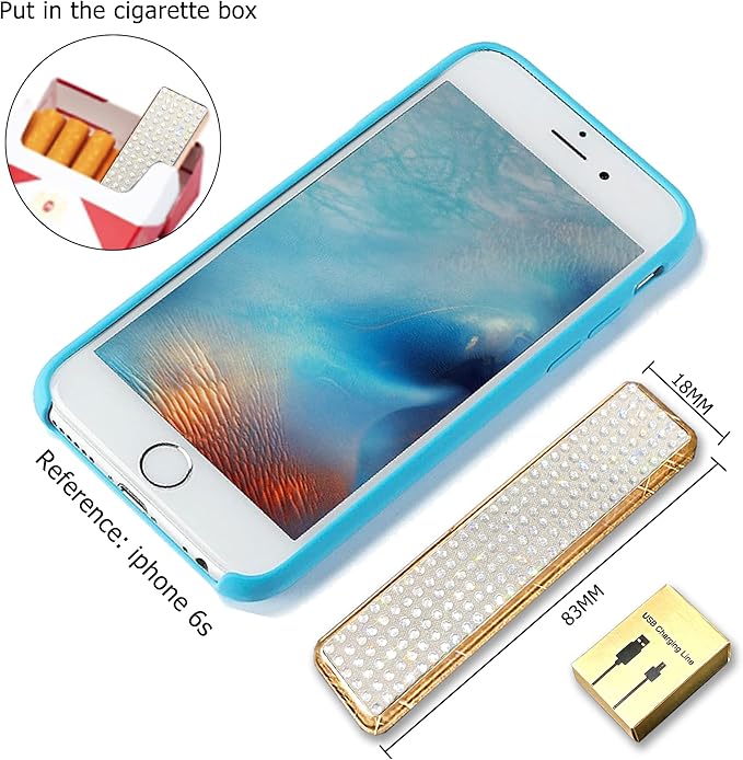 Rhinestone Lighter Electric Lighter Rechargeable Bling Glitter USB Lighter Flameless Girls Lighter for Women (White Sliver)