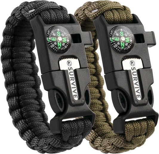 SURVIVE Paracord Bracelet, Pack of 2, Emergency Survival Kit Fire Starter Compass Whistle 8.5-10 ft Continuous Strand Flint Steel Scraper 5 in 1