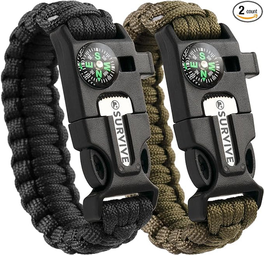 SURVIVE Paracord Bracelet, Pack of 2, Emergency Survival Kit Fire Starter Compass Whistle 8.5-10 ft Continuous Strand Flint Steel Scraper 5 in 1