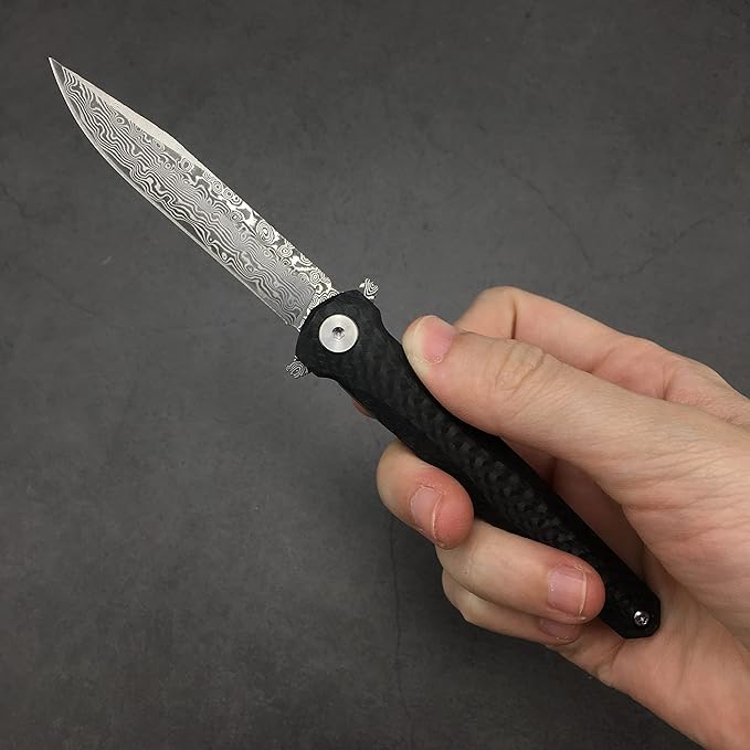 HUAAO Damascus Pocket Knife with Sheath, Gentleman Knife ceo Knife with 2.9’’ Damascus Blade, Carbon Fiber Handle, Liner Lock, Flipper Knife for EDC Outdoor Camping(black)