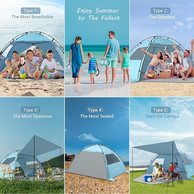 Elegear Beach Tent Sun Shelter with Canopy, 6-8 Person Pop Up Beach Tent, Easy Setup UPF 50+ UV Protection Portable Lightweight Double Silver Coating Beach Cabana Sun Shade Shelter - Sky Blue
