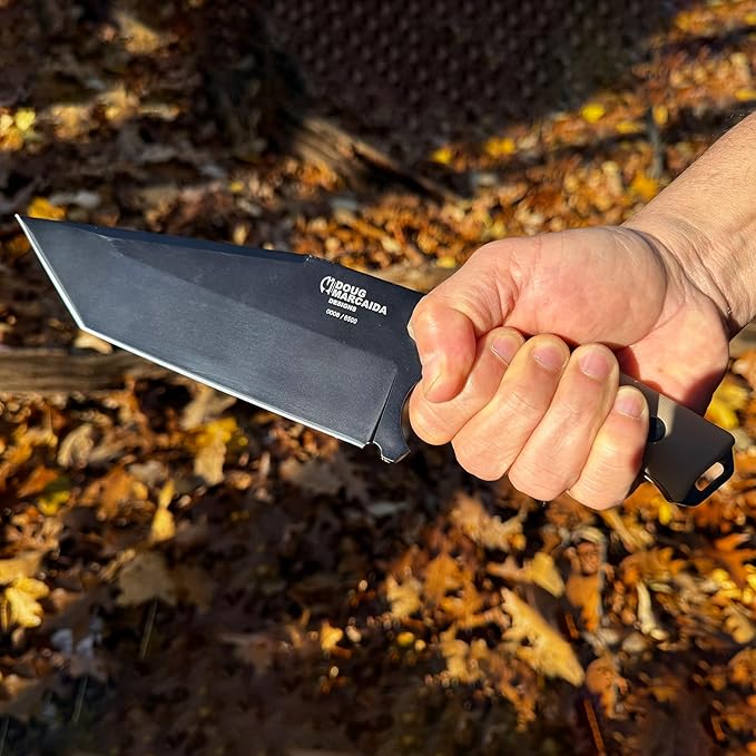 Doug Marcaida Grande Fratello Serbian Cleaver Knife 8.5in Stainless Steel Full Tang Fixed Blade Bushcraft Survival Cooking Knife - Top Grain Leather Sheath With Belt Loop, Black