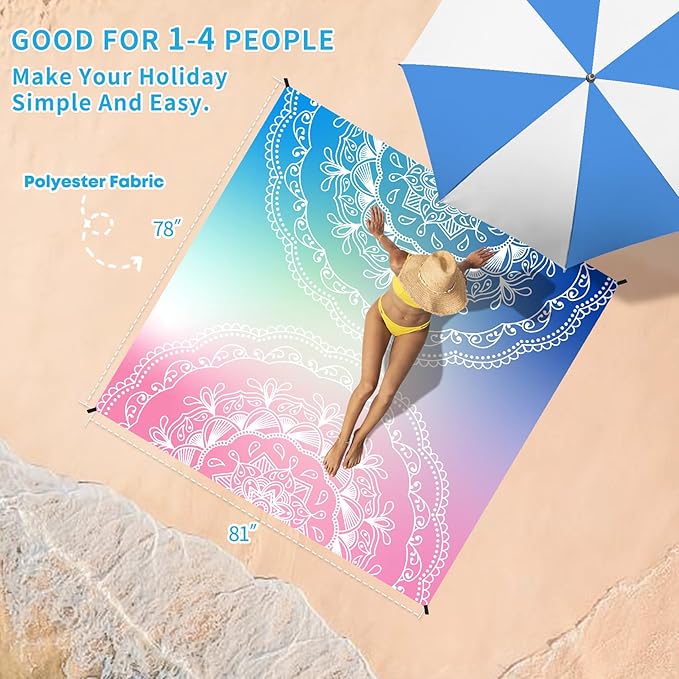 BYDOLL Beach Blanket Sandproof Waterproof 78''×81'' 1-4 Adults Compact Lightweight Oversized Beach Blanket Large Picnic Mat Beach Blanket for Travel Camping Hiking Picnic