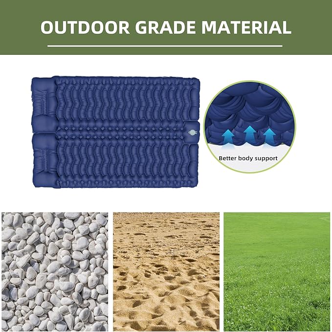 Double Sleeping Pad for Camping, Self-Inflating Sleeping Mat with Built-in Foot Pump, Air Mattress with Pillows, Foldable Camping Sleeping Pad for Hiking, Backpacking, Traveling (Blue)