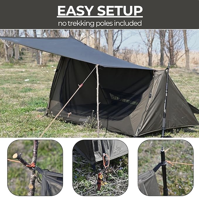 onewind 3 Season Backpacking Tent for Single Person, Ultralight Waterproof Silnylon Lightweight 1 Person Bushcraft Bivy Tent for Camping Backpacking Hiking, NO Trekking Pole