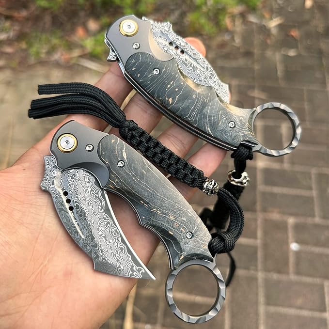 Handmade Damascus steel Folding Pocket EDCKnife，with cowhide sheath And pocket clip，2.8in blade Claw Hawkbill Folding Knife，Lining lock, wooden handle，Outdoor survival first-aid camping knife