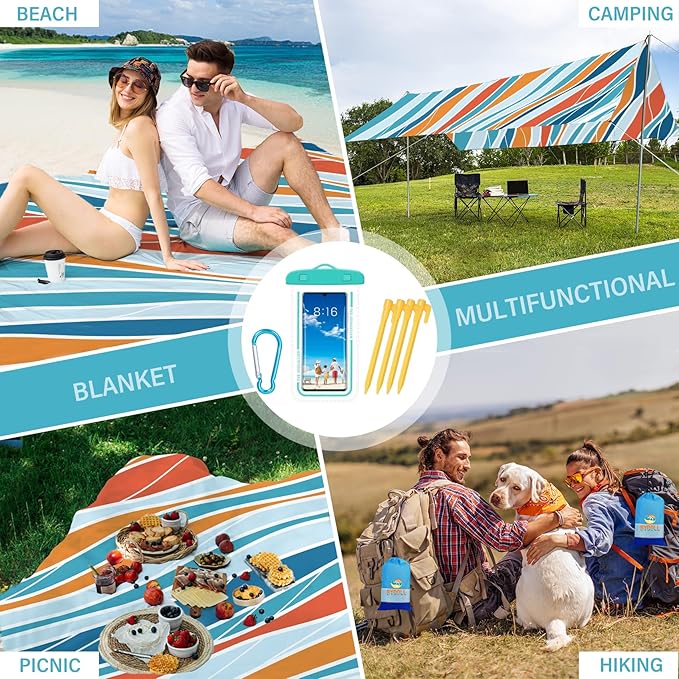 BYDOLL Beach Blanket Sandproof Waterproof 78''×81''1-4 Adults Compact Lightweight Oversized Beach Blanket Large Picnic Mat Beach Blanket for Travel Camping Hiking Picnic