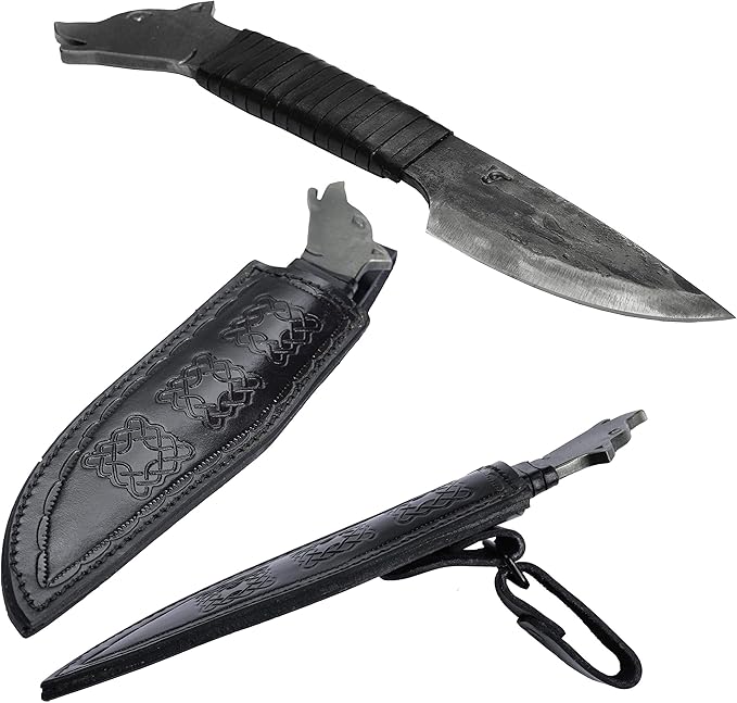 Toferner Hand Forged Knife Wolf with Sheath, Vintage Knife for Antique Collection, Genuine Leather Case, Hardened Blade, Hand Made Craft, Gift Idea for Men (Black)