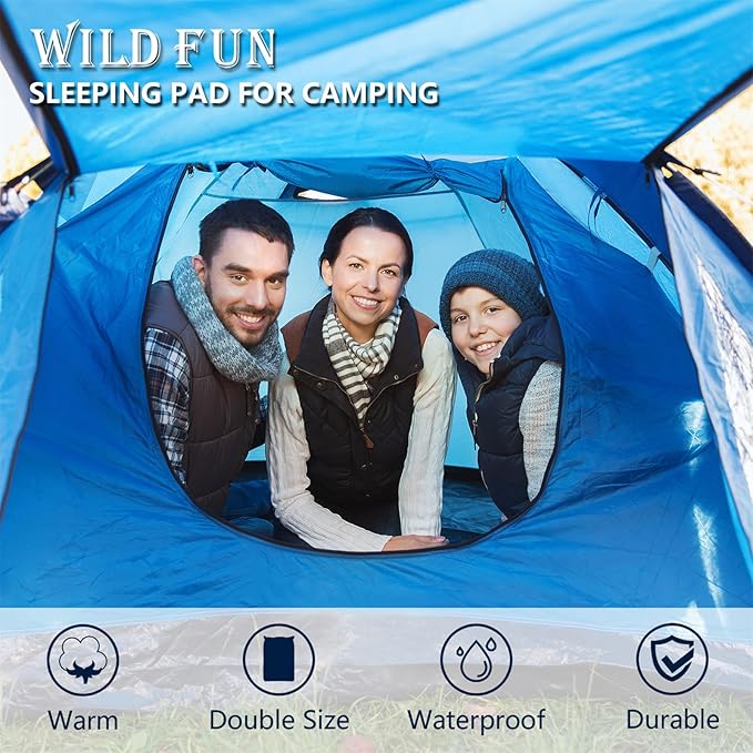 WILD FUN Double Sleeping Pad, 2in Memory Foam Camping Mattress 2 Person with Pillow, 5R Insulated Self Inflating Camping Pad, Air Mattress Inflatable Sleeping Mat for Backpacking,Hiking(Navy Blue)