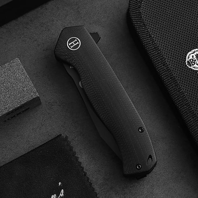 Holtzman's Gorilla Survival Folding Knife D2 Steel Blade G10 Handle Pocket Knife EDC Giftset for Men and Women (black blade + black handle)