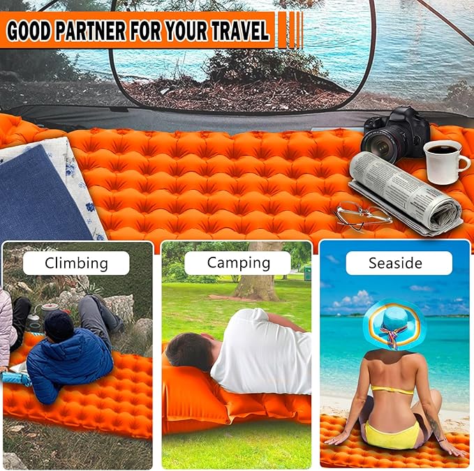 Self Inflating Sleeping Pad Camping Sleeping Mat, Built-in Foot-Pump & Pillow Inflatable Camping Mat Single Air Mattress Sleeping Pad for Camping Hiking Tent Travel Outdoor, Orange