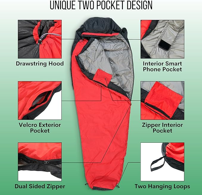 Duck Down Mummy Sleeping Bag for Adults – Cold & Warm Weather Sleeping Bags – Lightweight, Compact & Portable Camping – Sleep Bag for Hiking & Backpacking – Compression Carrying Bag