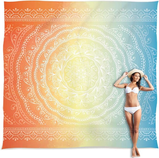 Sunlit 10'x9' Extra Large Boho Sand Proof Beach Blanket, Sand Proof Mat with Corner Pockets and Mesh Bag for Beach Party, Travel, Camping and Outdoor Music Festival, Light Orange and Sky Blue Mandala