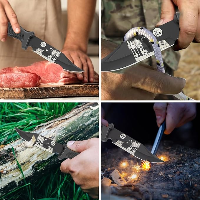 Fixed Blade Hunting Knife, Black High Hardness Plastic Handle with Sheath,Suitable for Hiking, Adventure, Survival and Collection (Black-forest)