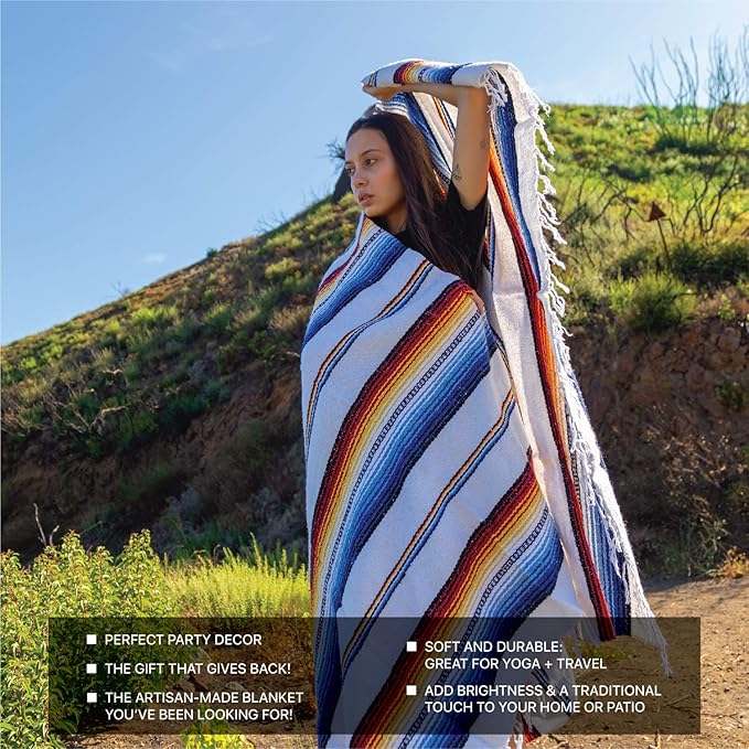 Premium Mexican Blanket, Authentic Hand Woven Falsa Blanket & Yoga Blanket | Made by Traditional Mexican Artisans, Perfect Saddle Blanket, Beach Blanket, Picnic Blanket, Car Blanket, Outdoor Blanket