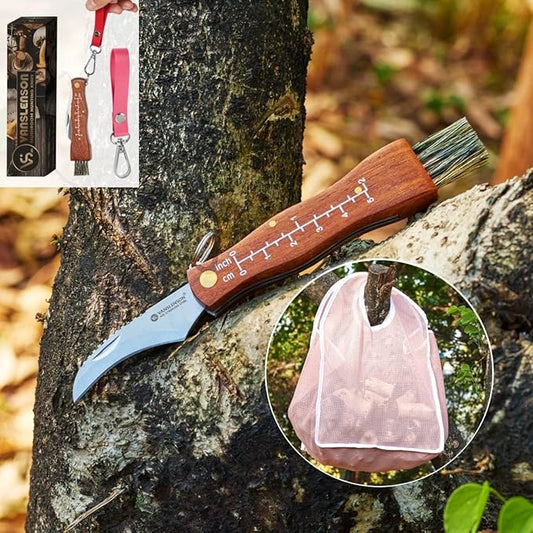 Mushroom Foraging Kit Folding Mushroom Knife with Brush + Pink Foraging Bag and Leather Strap Wood Handle Pocket Knife for Fungus Truffles Special Edition Set for Women