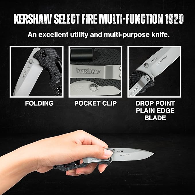 Worldwide Nutrition Bundle: Kershaw Select Fire Multi-Function Pocket Knife, 4-piece Bit Set and Driver, 3.4" 8Cr13MoV Steel Blade, Manual Washer Folding EDC and Multi-Purpose Key Chain